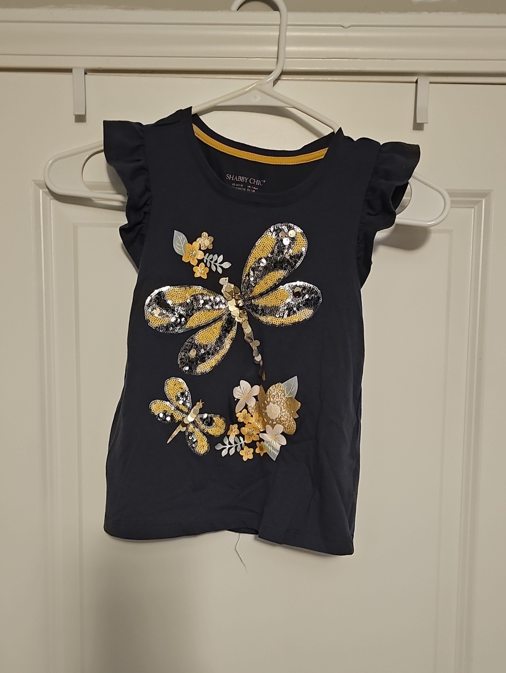 Shabby Chic Navy Tank Top with Yellow & Silver Butterfly Sequins